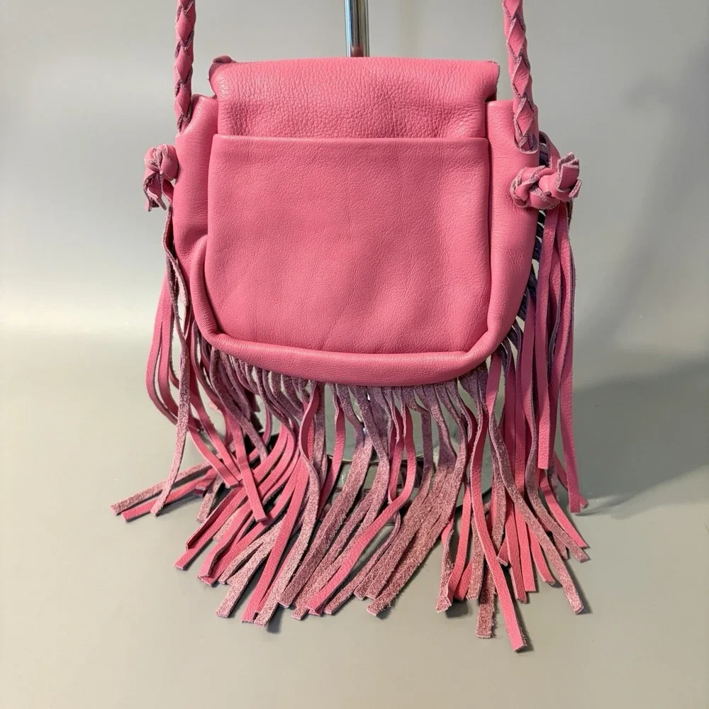 Jennifer Haley Purse Leather Fringe Shoulder Bag Pink Braided Strap Western Chic